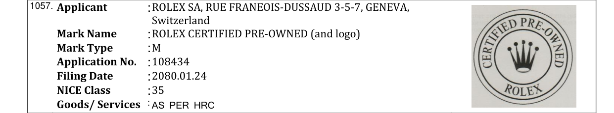 Original bulletin entry for ROLEX CERTIFIED PRE-OWNED (and logo)