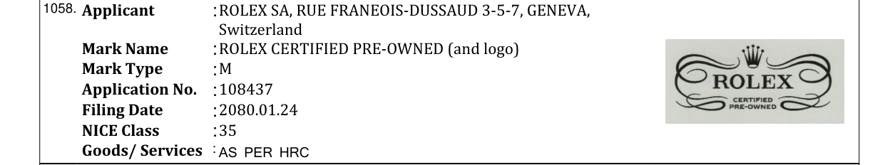 Original bulletin entry for ROLEX CERTIFIED PRE-OWNED (and logo)