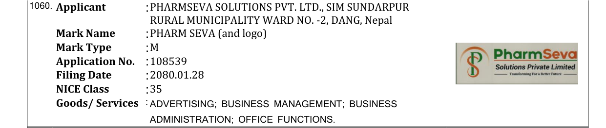 Original bulletin entry for PHARM SEVA (and logo)