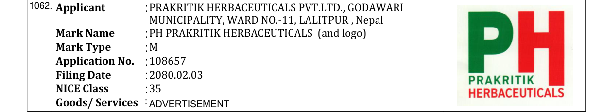 Original bulletin entry for PH PRAKRITIK HERBACEUTICALS (and logo)
