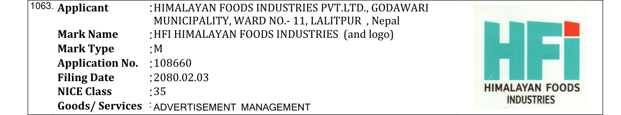 Original bulletin entry for HFI HIMALAYAN FOODS INDUSTRIES (and logo)