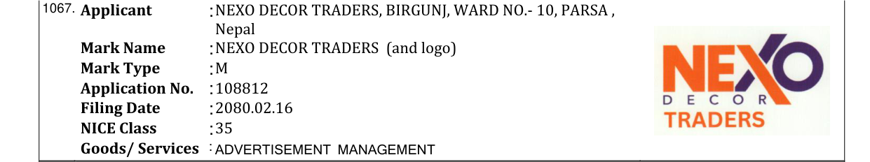 Original bulletin entry for NEXO DECOR TRADERS (and logo)