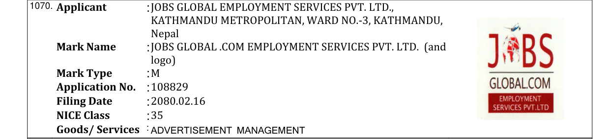 Original bulletin entry for JOBS GLOBAL.COM EMPLOYMENT SERVICES PVT. LTD. (and logo)
