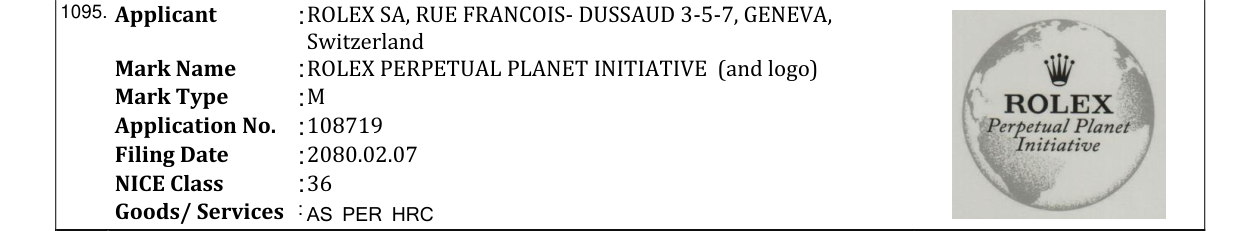 Original bulletin entry for ROLEX PERPETUAL PLANET INITIATIVE (and logo)
