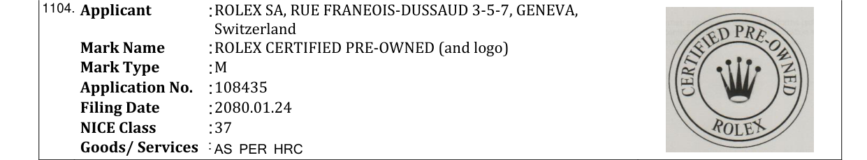 Original bulletin entry for ROLEX CERTIFIED PRE-OWNED (and logo)