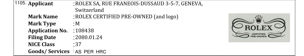 Original bulletin entry for ROLEX CERTIFIED PRE-OWNED (and logo)
