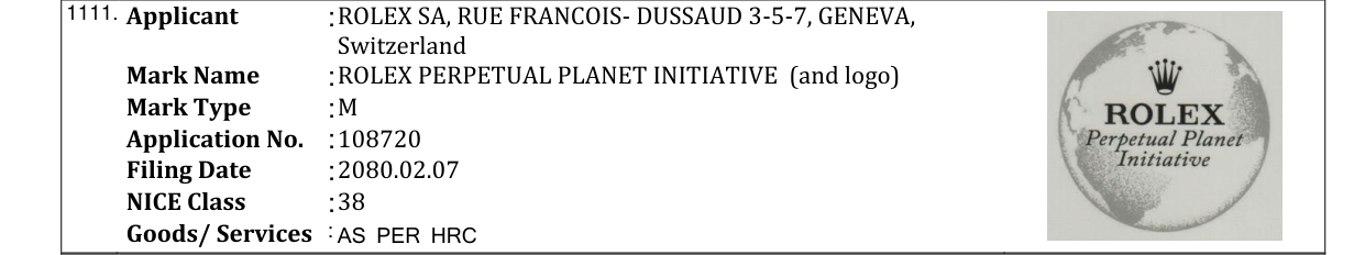 Original bulletin entry for ROLEX PERPETUAL PLANET INITIATIVE (and logo)