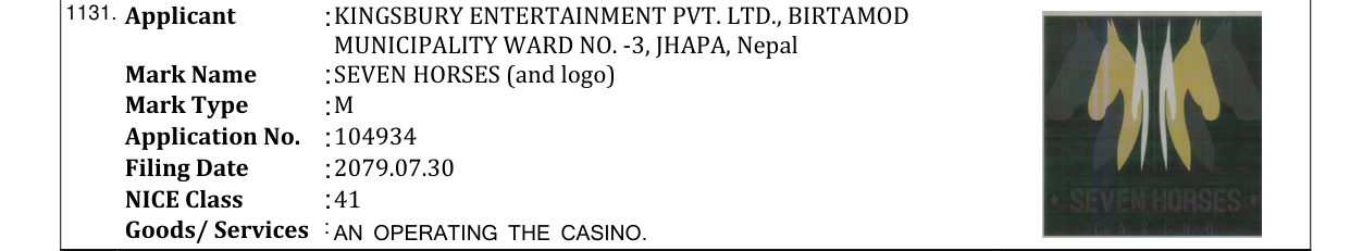 Original bulletin entry for SEVEN HORSES (and logo)