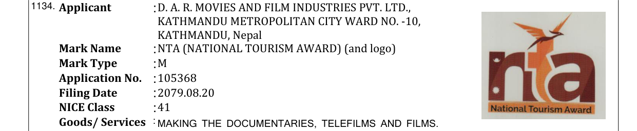 Original bulletin entry for NTA (NATIONAL TOURISM AWARD) (and logo)