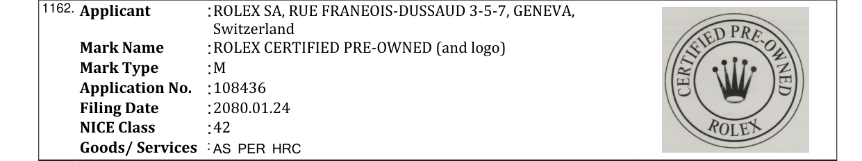 Original bulletin entry for ROLEX CERTIFIED PRE-OWNED (and logo)