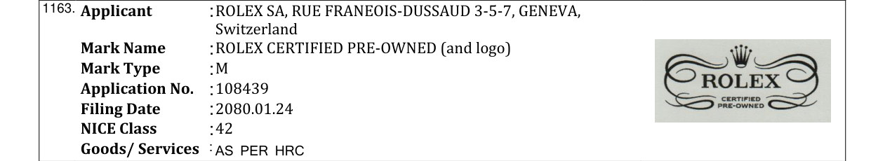 Original bulletin entry for ROLEX CERTIFIED PRE-OWNED (and logo)