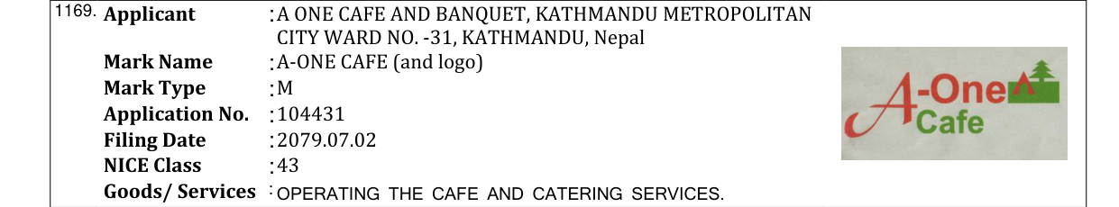 Original bulletin entry for A-ONE CAFE (and logo)