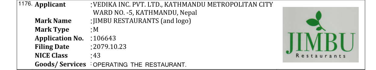 Original bulletin entry for JIMBU RESTAURANTS (and logo)