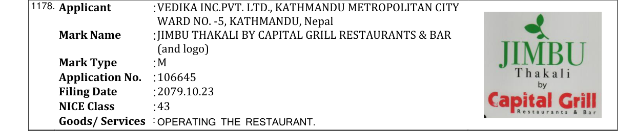 Original bulletin entry for JIMBU THAKALI BY CAPITAL GRILL RESTAURANTS & BAR (and logo)