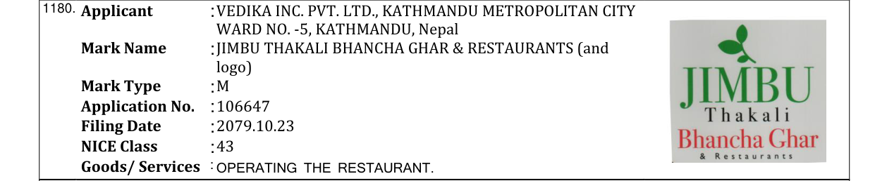 Original bulletin entry for JIMBU THAKALI BHANCHA GHAR & RESTAURANTS (and logo)