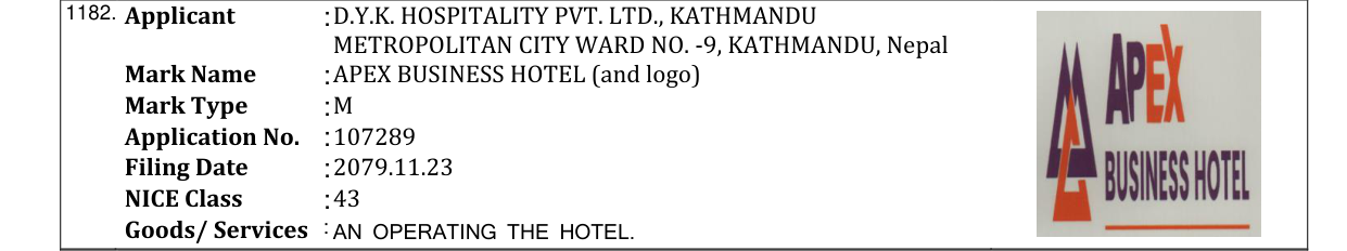 Original bulletin entry for APEX BUSINESS HOTEL (and logo)