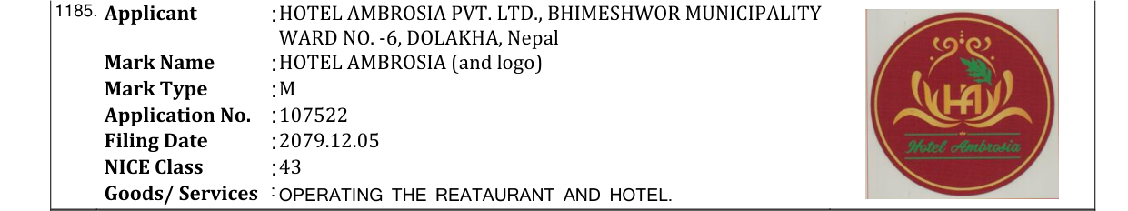 Original bulletin entry for HOTEL AMBROSIA (and logo)