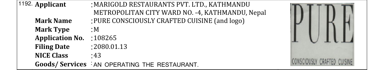 Original bulletin entry for PURE CONSCIOUSLY CRAFTED CUISINE (and logo)