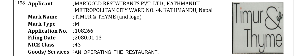 Original bulletin entry for TIMUR & THYME (and logo)