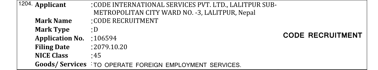 Original bulletin entry for CODE RECRUITMENT