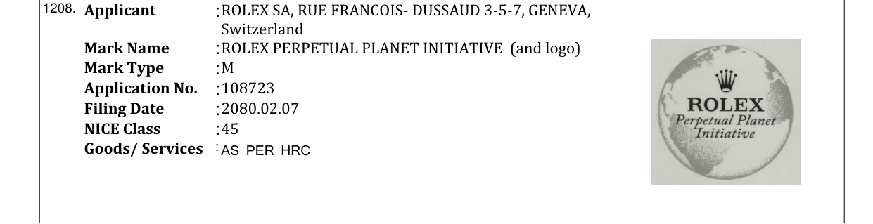 Original bulletin entry for ROLEX PERPETUAL PLANET INITIATIVE (and logo)