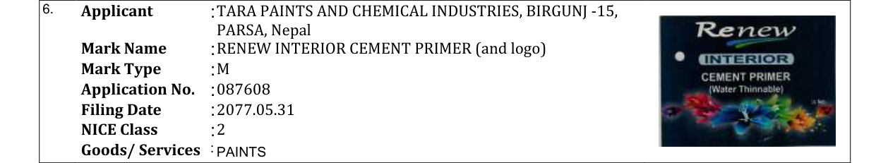 Original bulletin entry for RENEW INTERIOR CEMENT PRIMER (and logo)