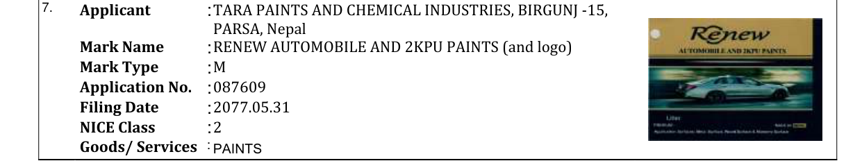 Original bulletin entry for RENEW AUTOMOBILE AND 2KPU PAINTS (and logo)
