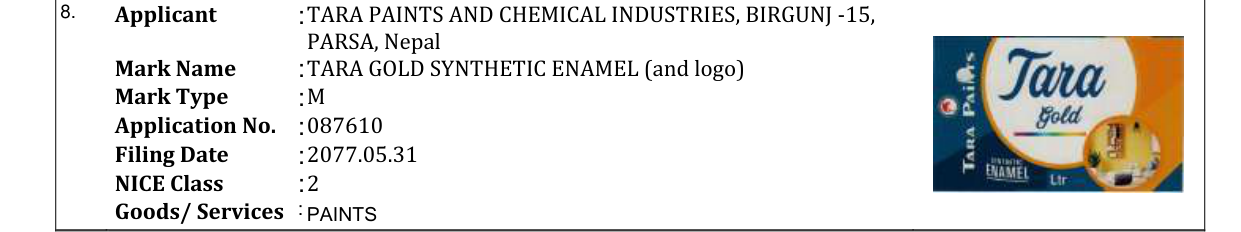 Original bulletin entry for TARA GOLD SYNTHETIC ENAMEL (and logo)