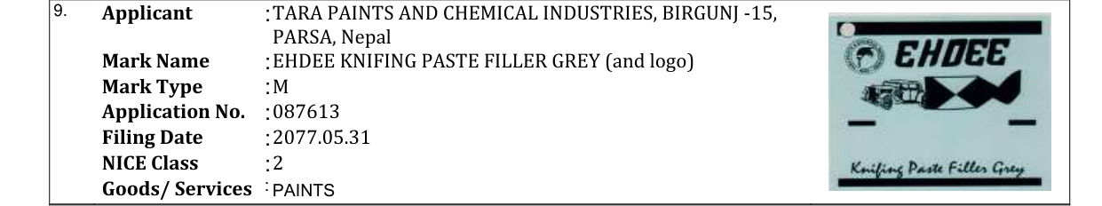 Original bulletin entry for EHDEE KNIFING PASTE FILLER GREY (and logo)