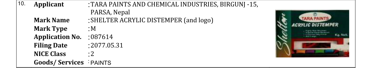 Original bulletin entry for SHELTER ACRYLIC DISTEMPER (and logo)