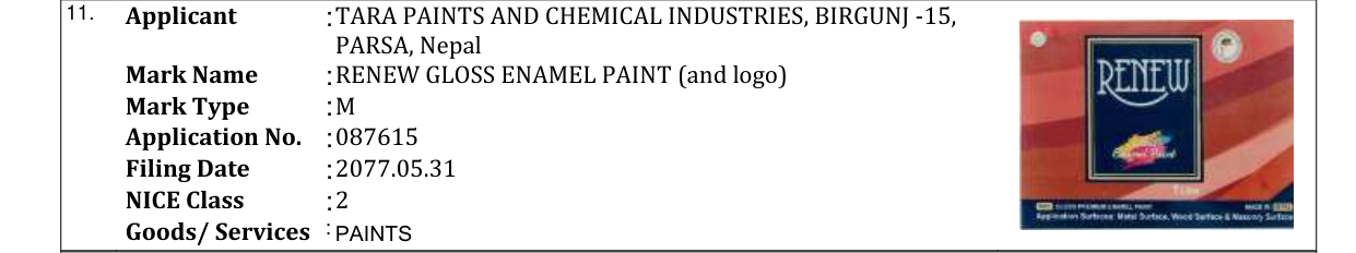 Original bulletin entry for RENEW GLOSS ENAMEL PAINT (and logo)