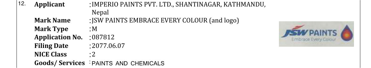 Original bulletin entry for JSW PAINTS EMBRACE EVERY COLOUR (and logo)