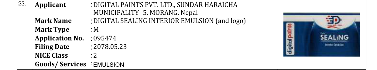 Original bulletin entry for DIGITAL SEALING INTERIOR EMULSION (and logo)