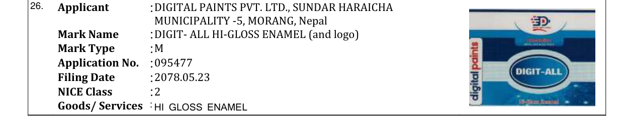 Original bulletin entry for DIGIT- ALL HI-GLOSS ENAMEL (and logo)