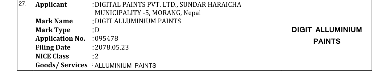 Original bulletin entry for DIGIT ALLUMINIUM PAINTS