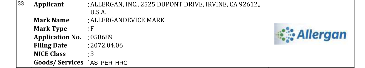 Original bulletin entry for ALLERGANDEVICE MARK