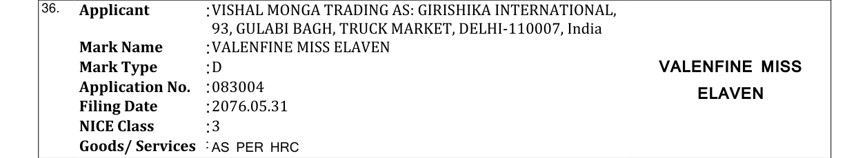 Original bulletin entry for VALENFINE MISS ELAVEN