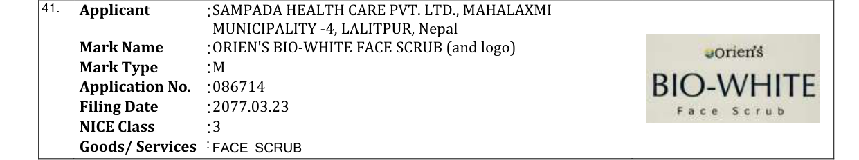 Original bulletin entry for ORIEN'S BIO-WHITE FACE SCRUB (and logo)