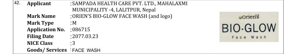 Original bulletin entry for ORIEN'S BIO-GLOW FACE WASH (and logo)