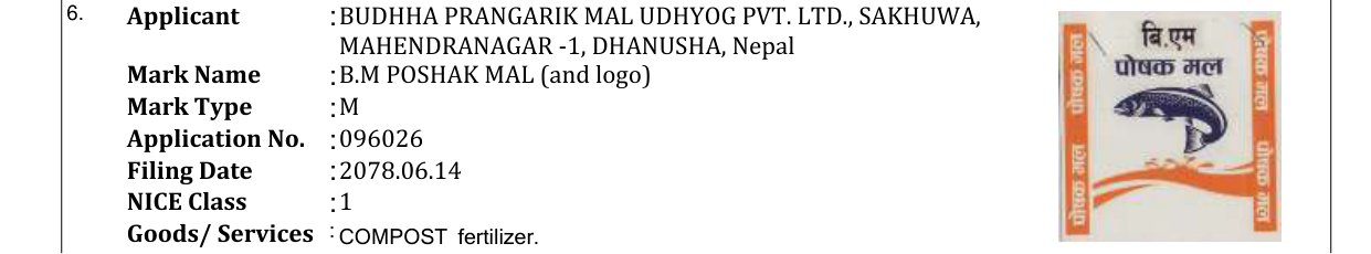 Original bulletin entry for B.M POSHAK MAL (and logo)