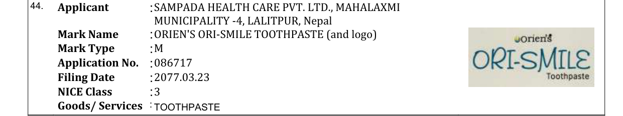 Original bulletin entry for ORIEN'S ORI-SMILE TOOTHPASTE (and logo)