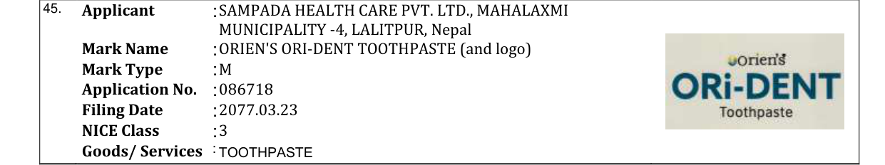 Original bulletin entry for ORIEN'S ORI-DENT TOOTHPASTE (and logo)
