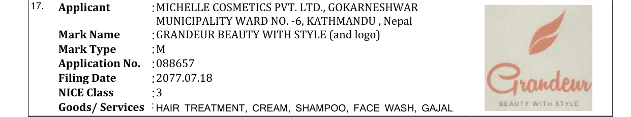 Original bulletin entry for GRANDEUR BEAUTY WITH STYLE (and logo)