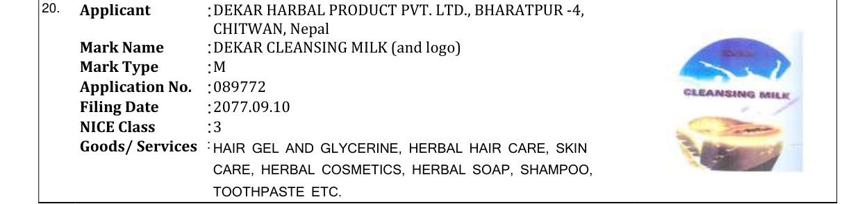 Original bulletin entry for DEKAR CLEANSING MILK (and logo)