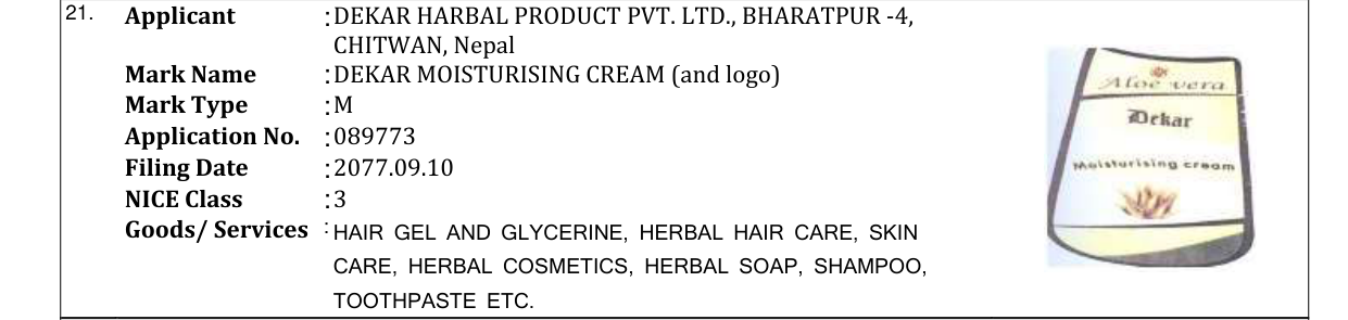 Original bulletin entry for DEKAR MOISTURISING CREAM (and logo)
