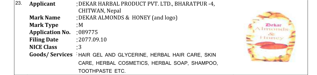 Original bulletin entry for DEKAR ALMONDS & HONEY (and logo)