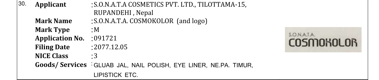 Original bulletin entry for S.O.N.A.T.A. COSMOKOLOR (and logo)