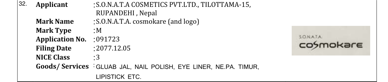 Original bulletin entry for S.O.N.A.T.A. cosmokare (and logo)