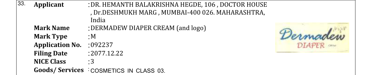 Original bulletin entry for DERMADEW DIAPER CREAM (and logo)