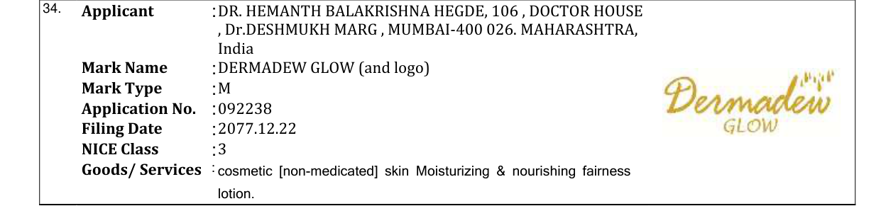 Original bulletin entry for DERMADEW GLOW (and logo)